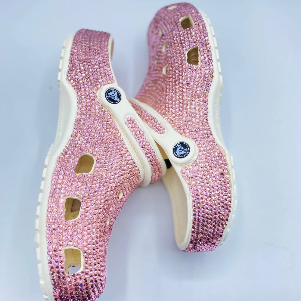 Bling PINK Rhinestones Studded Customized in White Clogs Adults - Picture 2 of 3